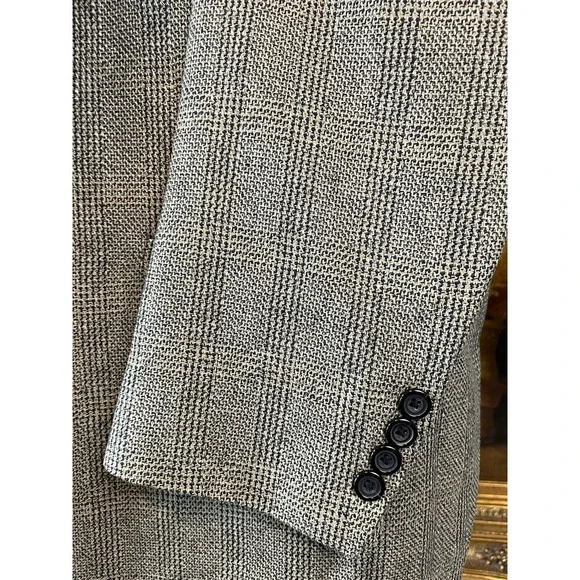 VTG Oscar De La Renta 44R Silk & Wool Tweed Black White Check 2Btn Blazer Jacket